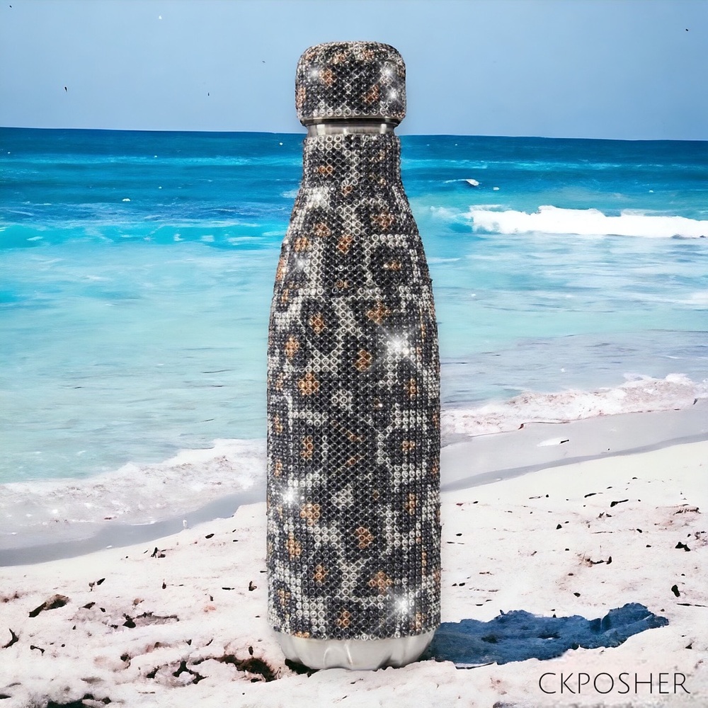 Water Bottle 500ml 17 fl oz Rhinestone Bling Leopard Bedazzled Stainless Steel